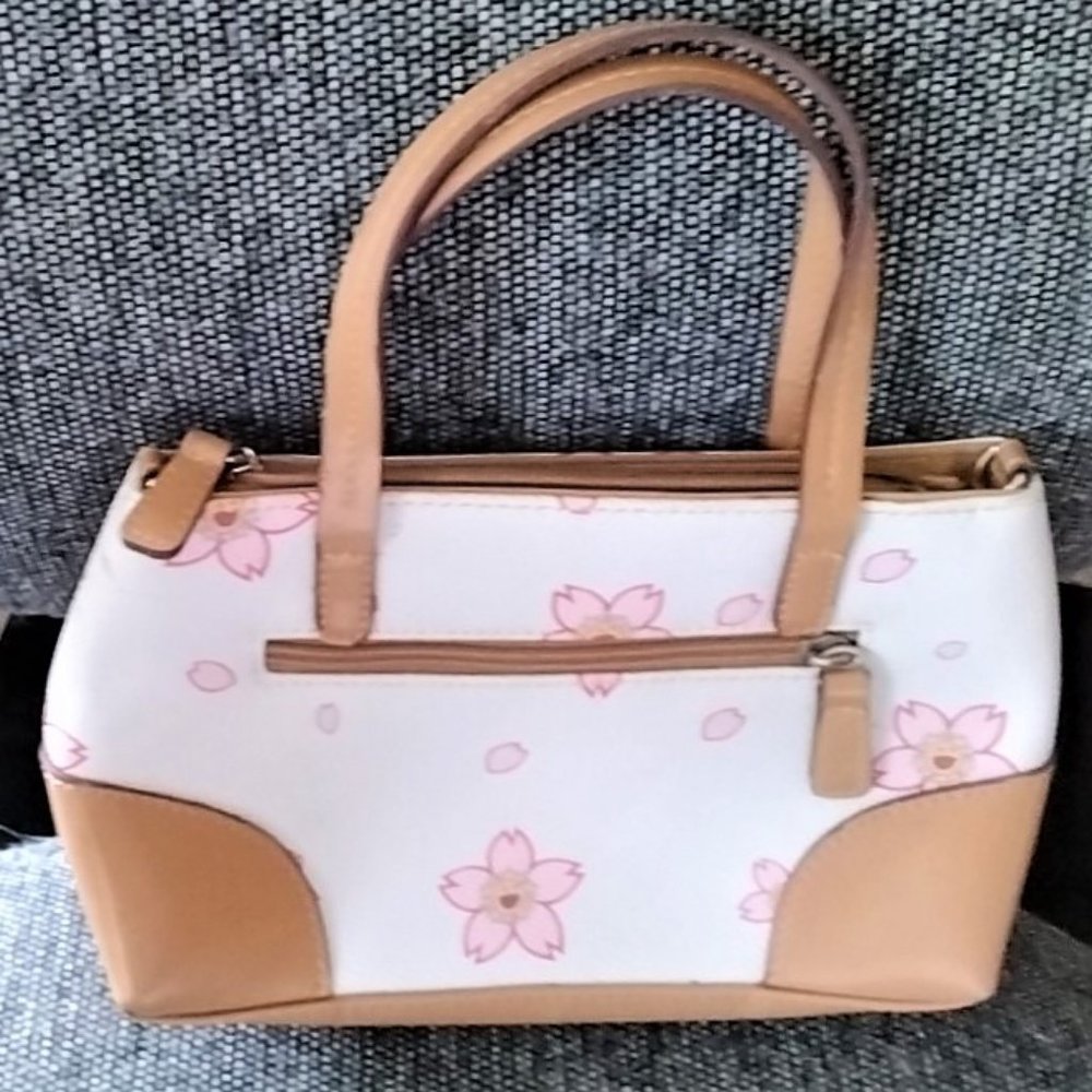 TAN & WHITE SATCHEL WITH PINK FLOWERS, LIKE NEW